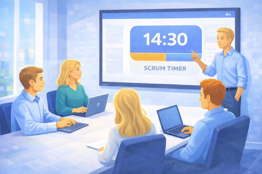 Facylitator prowadzący spotkanie zespołu z timerem