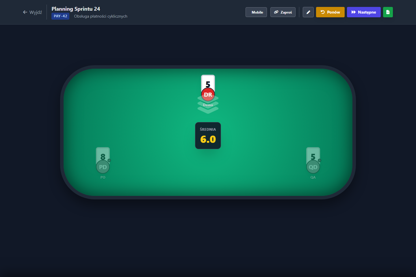 Rzeczywisty ekran Planning Poker z odkrytymi estymatami zespołu