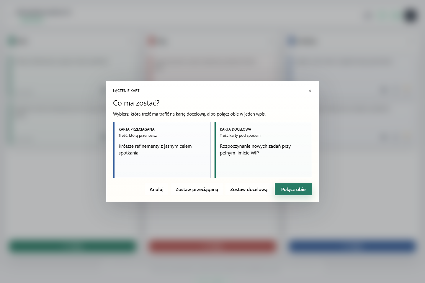 Okno łączenia dwóch podobnych kart podczas wspólnej retrospektywy online