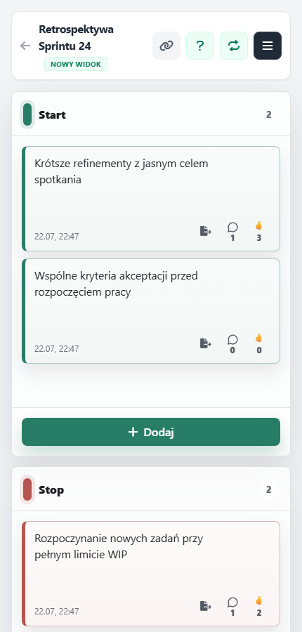 Mobilny widok RetroBoard z kartami, komentarzami i głosami w kolumnach Start, Stop i Continue