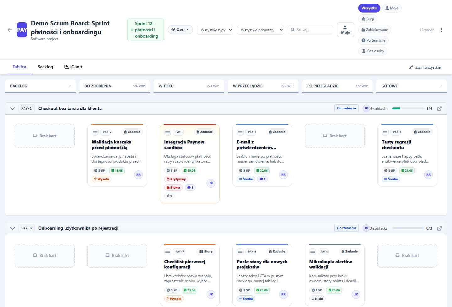Realny zrzut ekranu Scrum Board z aktywnym sprintem, zadaniami, WIP limitami, blokerem, filtrami i kolumnami pracy