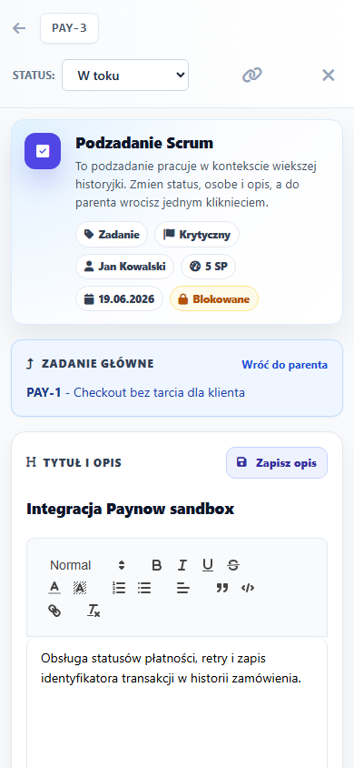 Realny mobilny widok modala zadania Scrum Board z priorytetem, ownerem, story points i opisem