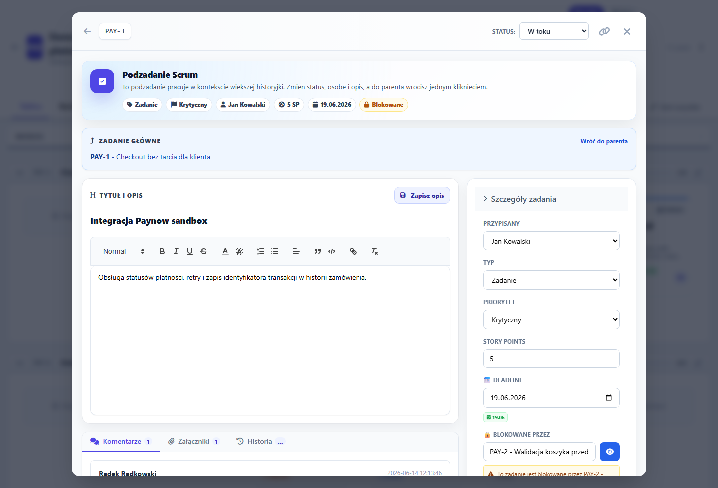 Realny zrzut ekranu modala zadania Scrum Board z opisem rich text, statusem, priorytetem, story points, blockerem, komentarzami i załącznikami