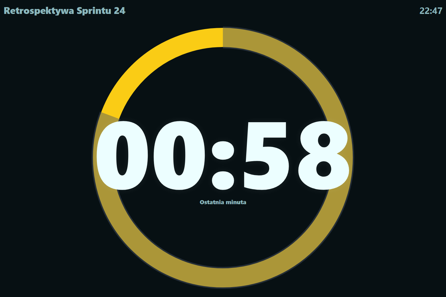 Scrum Timer w trybie Big Room z żółtym ostrzeżeniem ostatniej minuty i progress ringiem