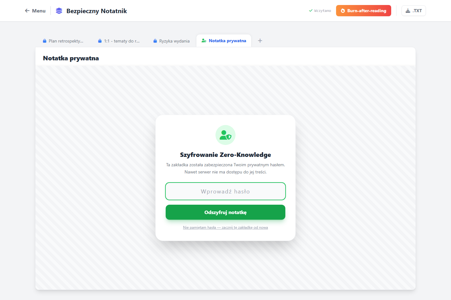 Blokada Secure Notes prosząca o prywatne hasło do odszyfrowania zakładki Zero-Knowledge