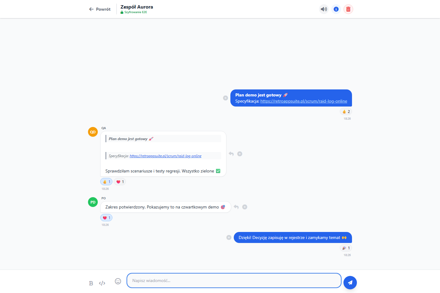 Szyfrowany czat zespołowy z dyskusją, linkiem, cytatem, emoji i reakcjami