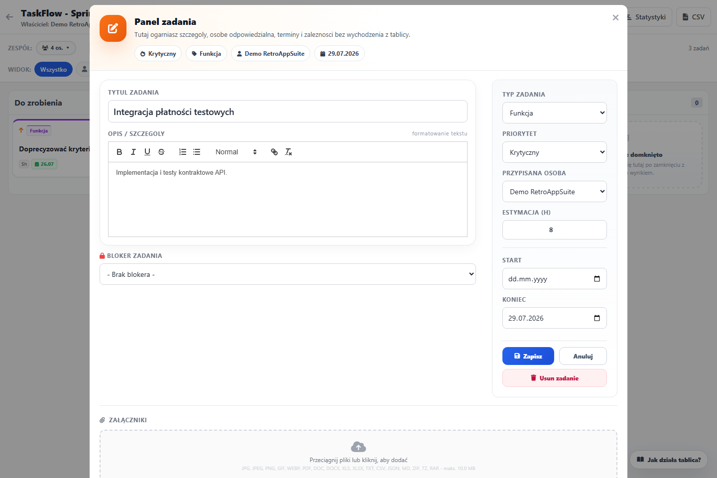 Panel zadania TaskFlow utworzonego z ustalenia po retrospektywie