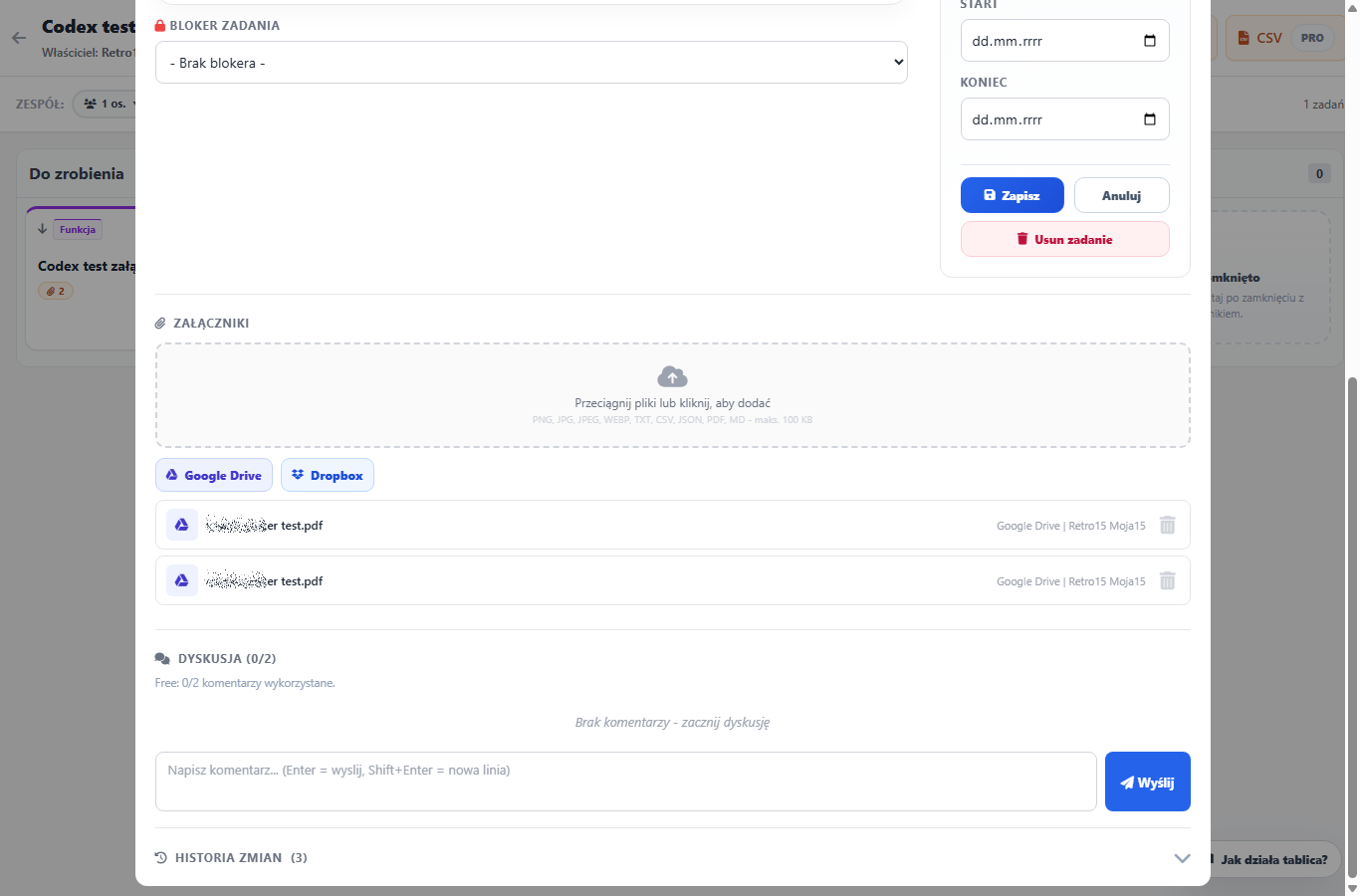 Sekcja załączników i komentarzy w zadaniu TaskFlow z plikami Google Drive