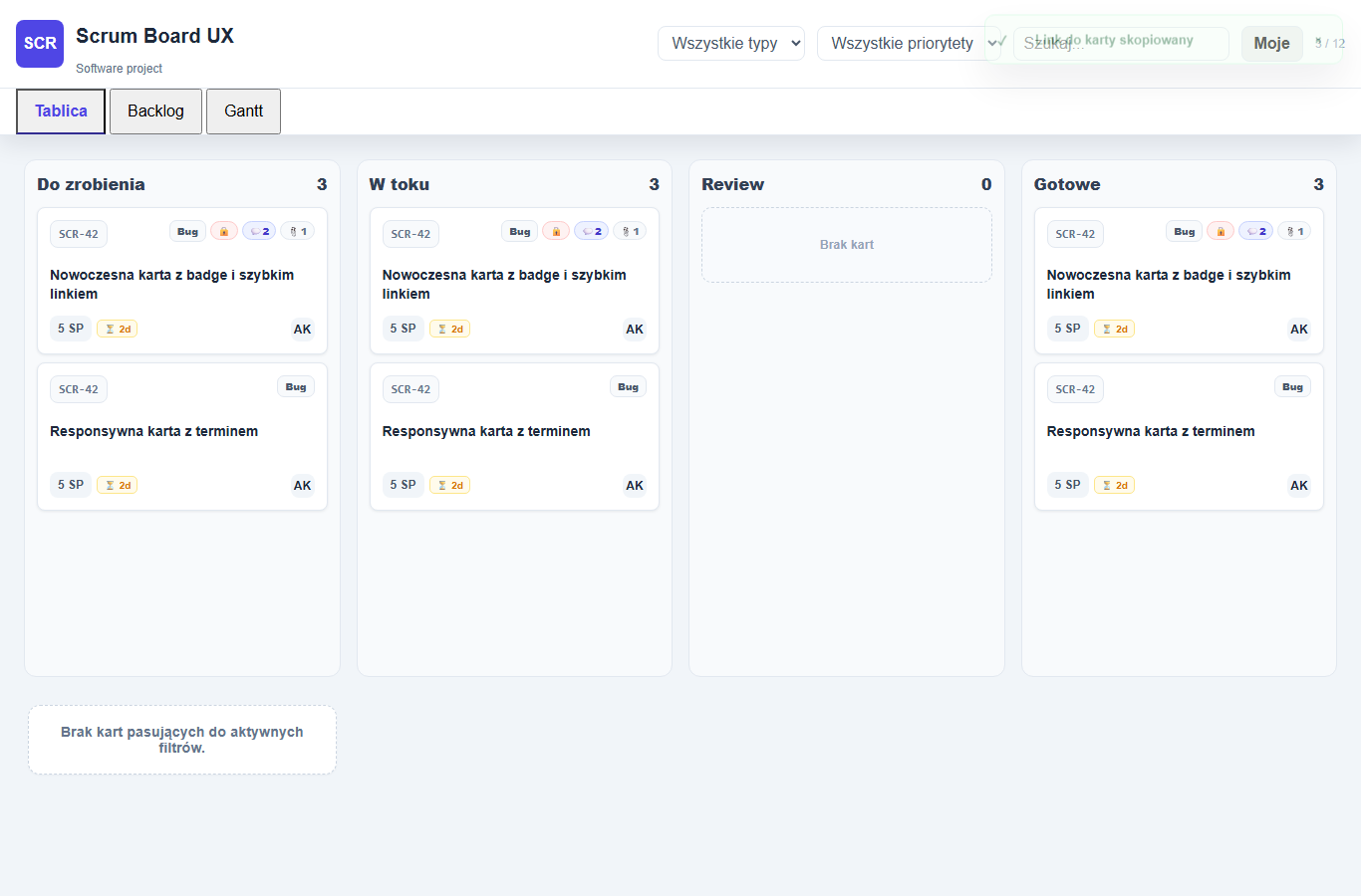 Widok tablicy TaskFlow Kanban z kolumnami, filtrami i kartami zadań