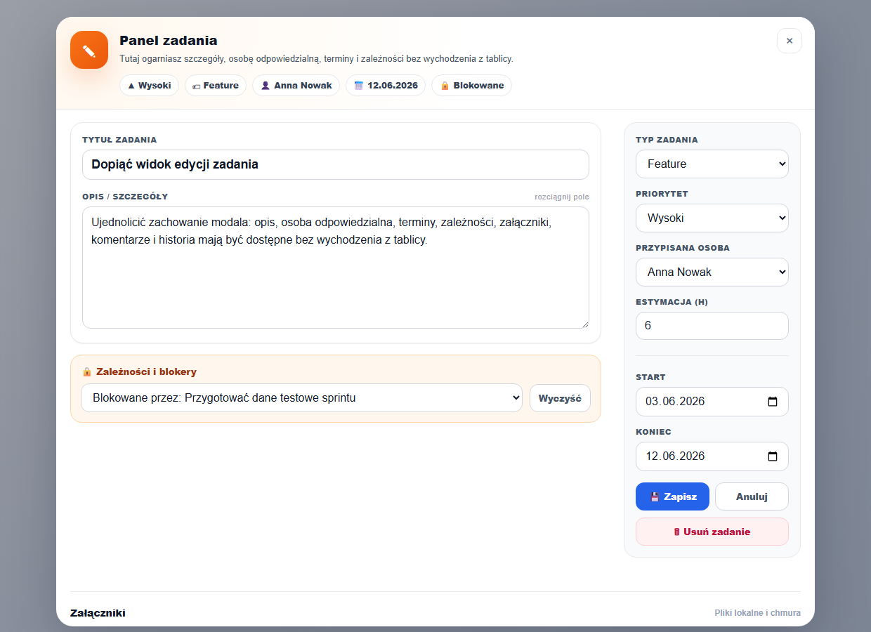 Panel zadania TaskFlow z opisem, typem, priorytetem, przypisaniem, datami i blokerem