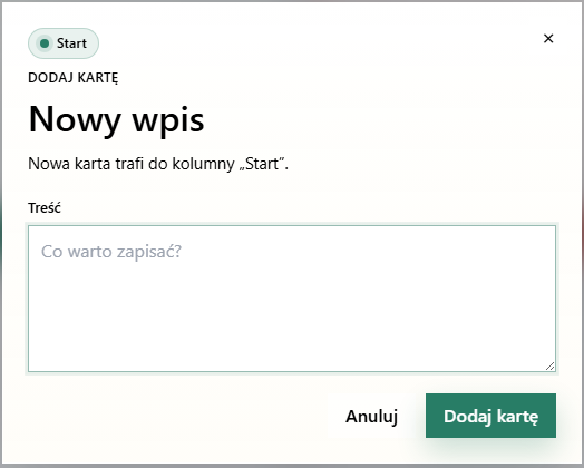 Mały widok modala dodawania nowej karty RetroBoard do kolumny Start