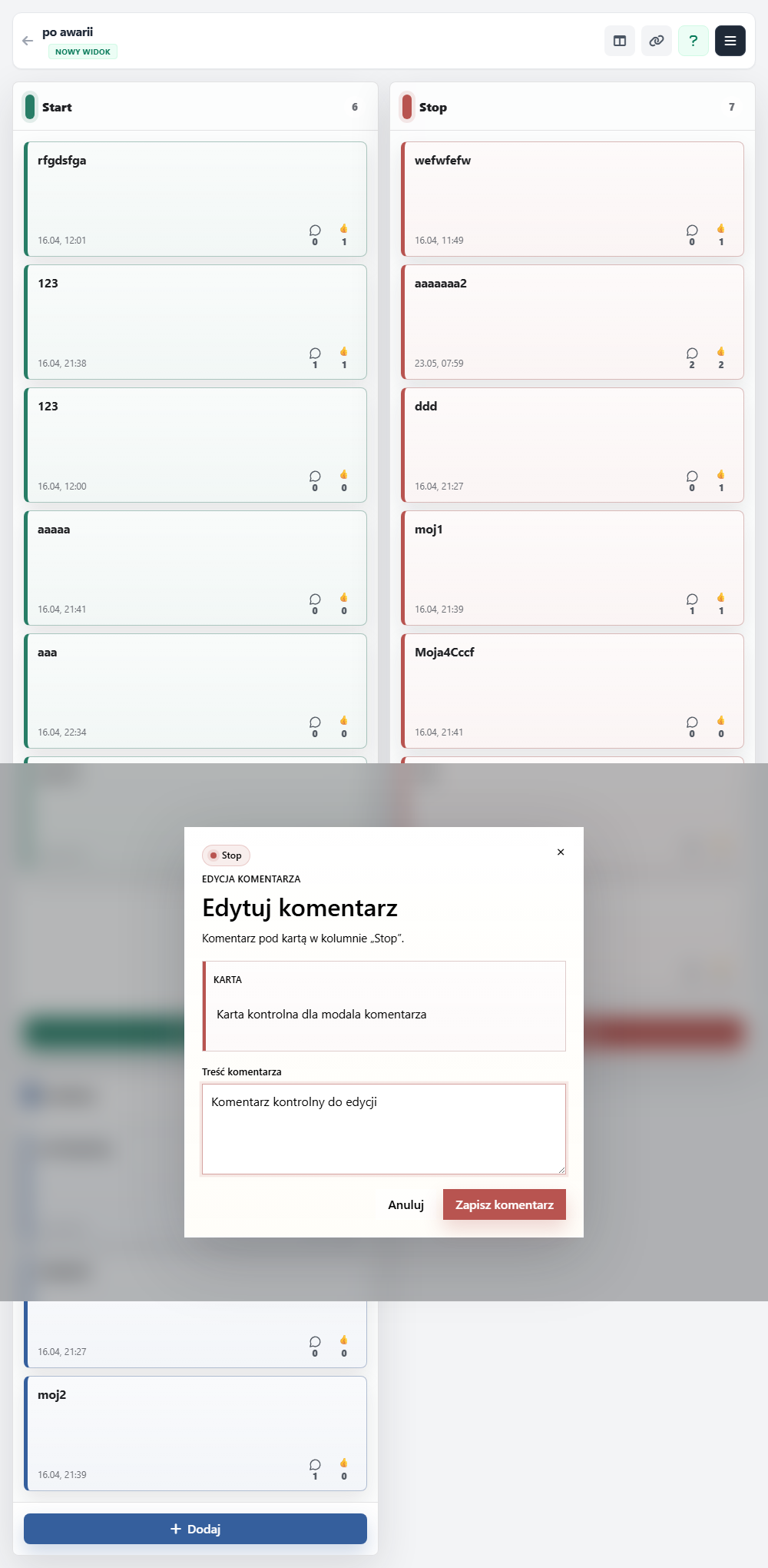 Modal edycji komentarza pod kartą RetroBoard z treścią karty i polem komentarza