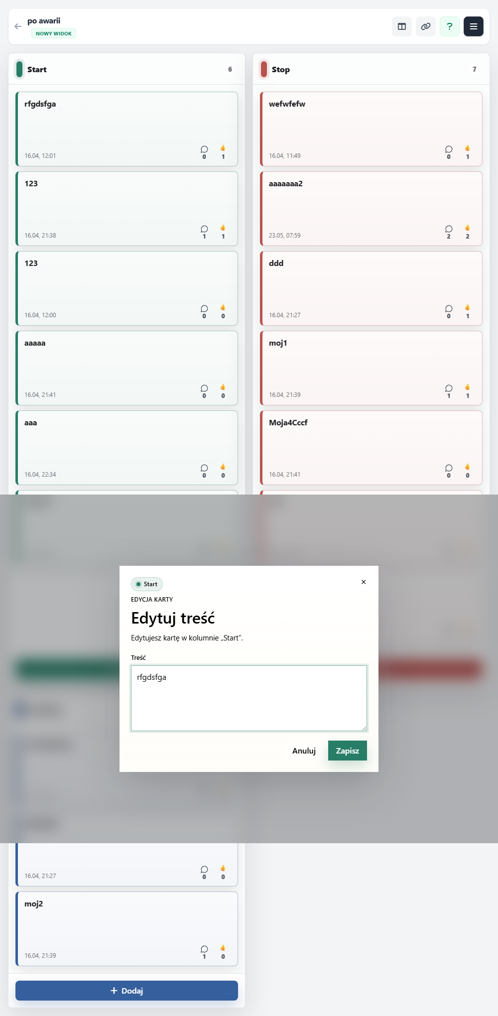 Modal edycji karty RetroBoard z polem zmiany treści wpisu