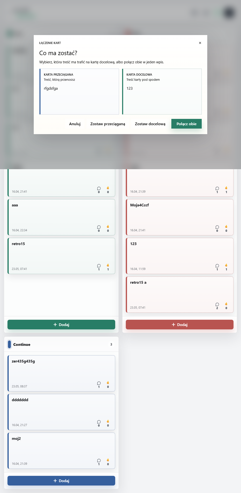 Modal łączenia dwóch kart RetroBoard z wyborem treści, która ma zostać po scaleniu