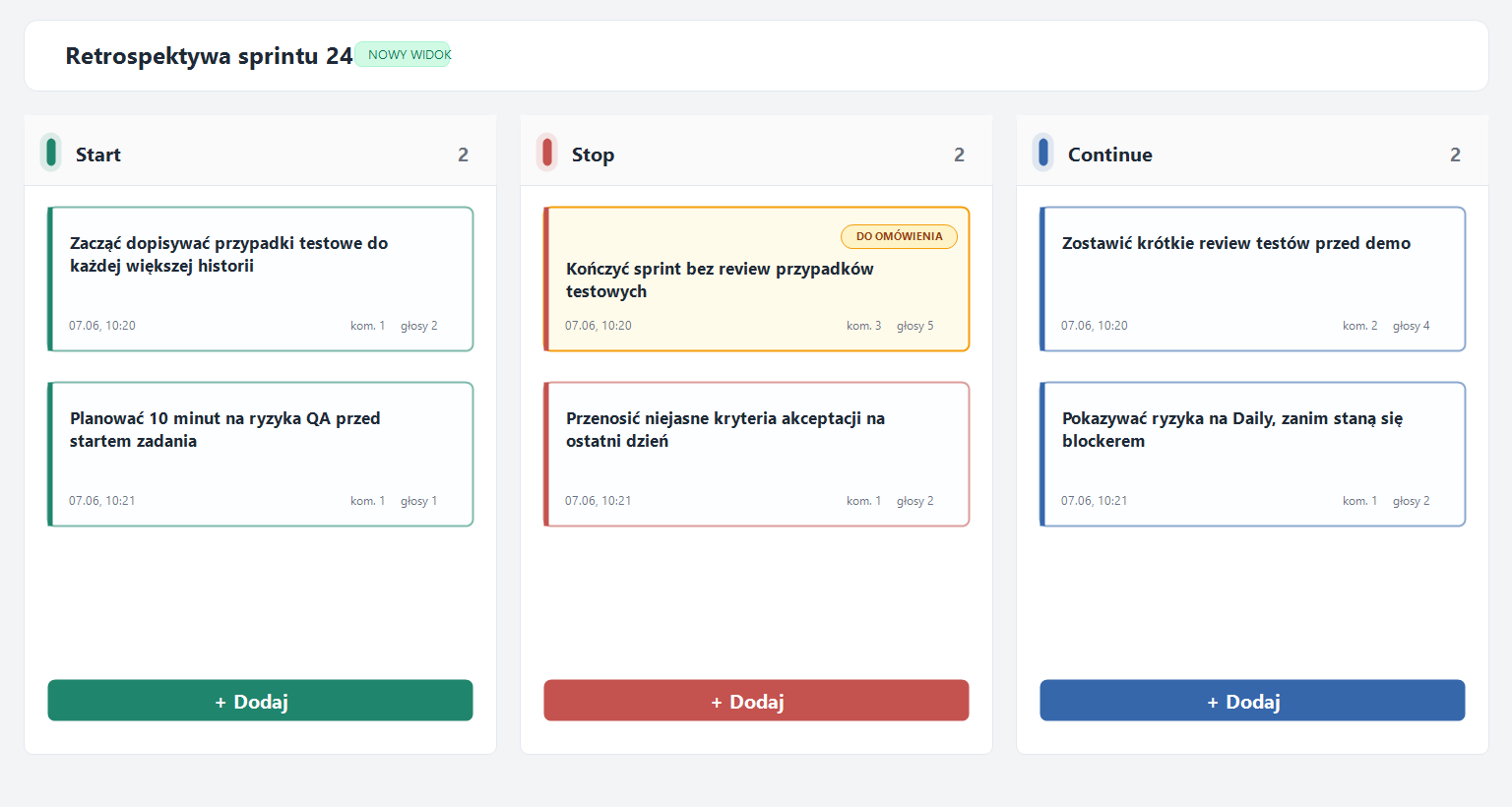 Widok RetroBoard z trzema kolumnami Start, Stop i Continue oraz przykładowymi kartami retrospektywy