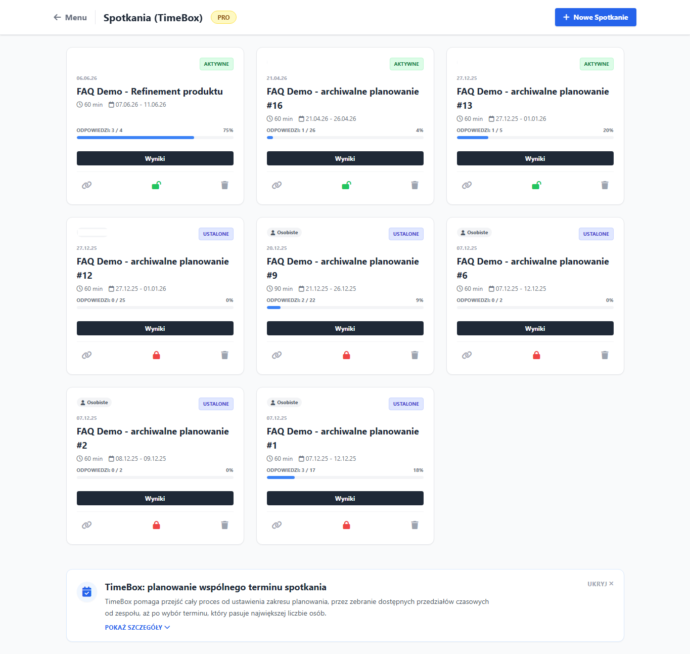 Lista planowań TimeBox z kartami spotkań, statusem, frekwencją odpowiedzi i akcjami organizatora